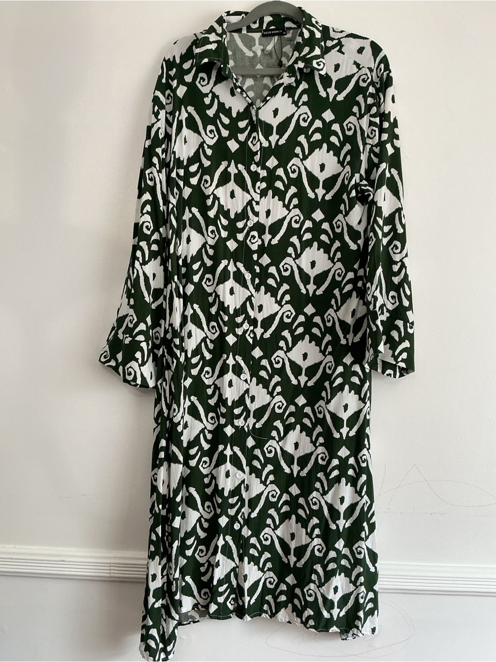 Long Sleeve Green and White Printed Button-Front Dress